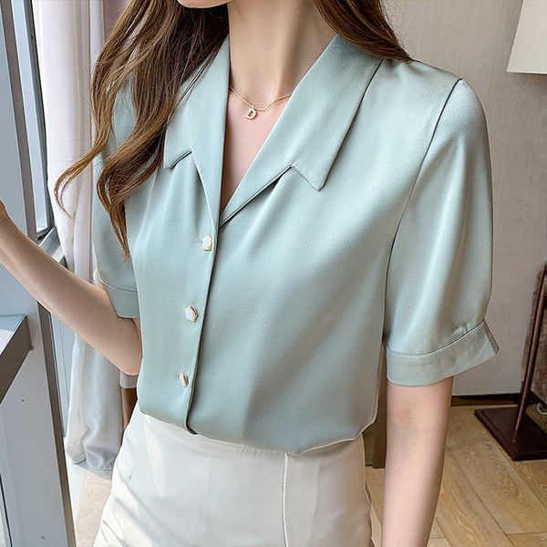 

summer korean fashion satin women shirts turn-down collar office lady button up blouse plus size xxxl white 210531