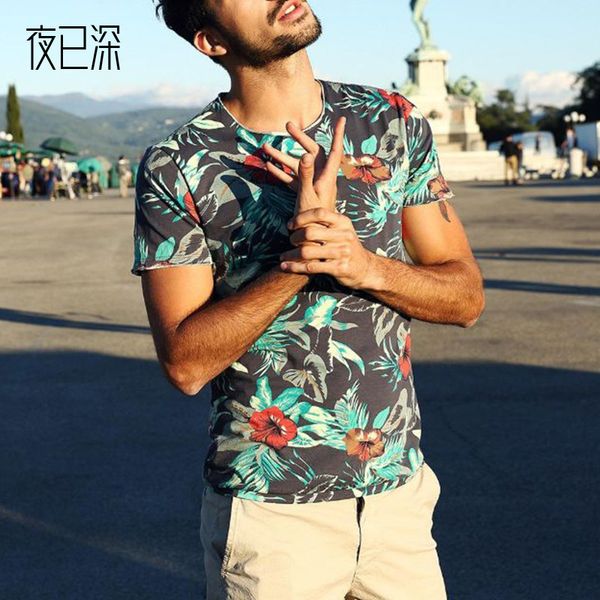 

2021 spring loose fashion printing short sleeve round neck casual youth men's, Gray;blue
