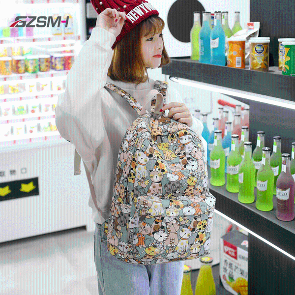 

backpack canvas fabric women backpacks cute cat animal printing ladies medium bag casual travel lapbagpack daypack rucksack mochila