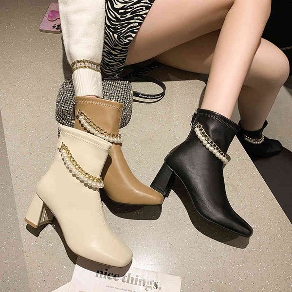 

dress shoes women's boots with thick heels and chains, martin shoes medium pearls, large size, for autumn winter 3ep7 aec7, Black