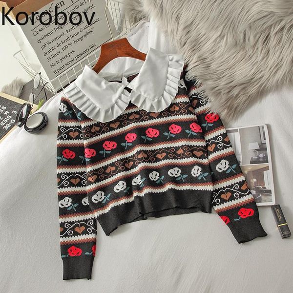 

korobov korean sweet pull femme flower pattern long sleeve knitted sweater women patchwork vintage short pullover jumpers 2d614, White;black