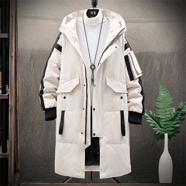

warm thick men white duck down jacket hooded puffer jackets coat winter male casual long parka overcoat outdoor multi-pocket 211119, Black
