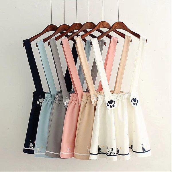 

new summer women skirts cartoon cat dog embroidery skirt harajuku kawaii japan style cute strap mini skirt, Black
