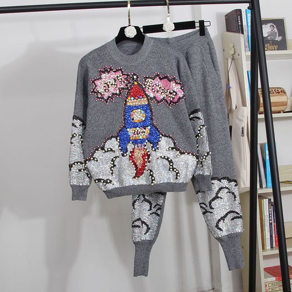 

autumn winter fashion loose black gray knitted tracksuit women sequins beading sweater + casual long pants 2pcs female set unyb, Blue