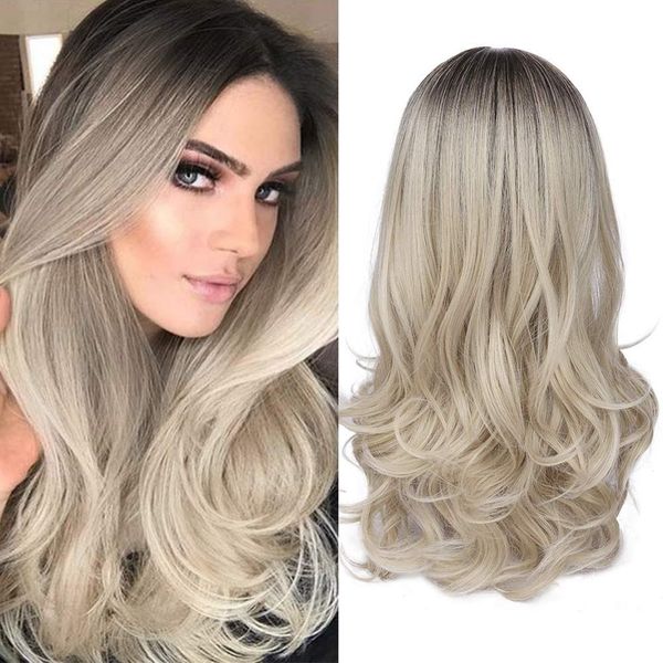 

mixed black ash light brown blonde synthetic wig body wave middlepart heat resistant fiber for black women cosplay long wigfactory direct