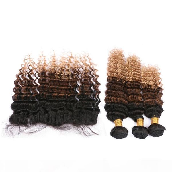 

1b 4 27 honey blonde ombre indian virgin hair with frontal deep wave three tone ombre human hair 3bundles with lace frontal closure, Black;brown