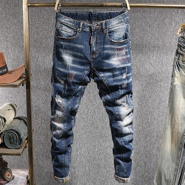 

2021 new italian style fashion men jeans retro blue elastic slim fit ripped denim pants streetwear spliced designer hip hop long trousers a6
