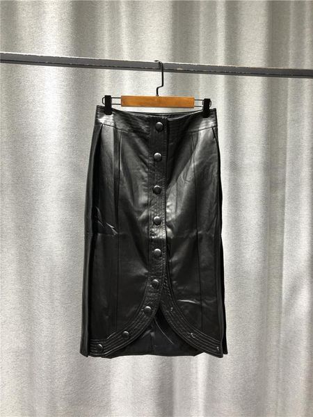 

skirts women fashionable and casual solid button with zipper placket pu irregular front hem skirt stitching waist, Black