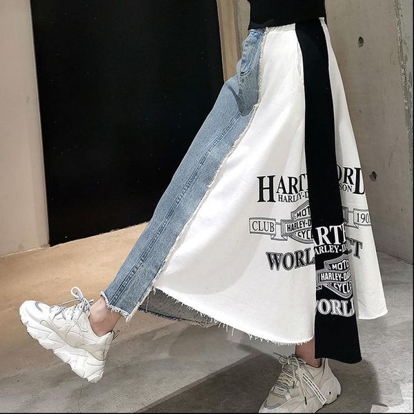 

spring autumn fashion korean loose womens skirts letter printing denim high waist mid length, Black