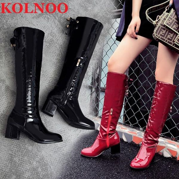 

boots kolnoo handmade blocked heels knee-high patent leather round-toe three-colors evening party fashion winter shoes, Black