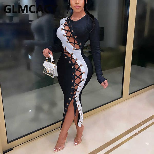 

women long sleeve colorblock lace up midi dresses & club vestidos 210702, Black;gray