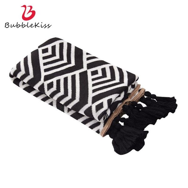 

blankets bubble kiss home textile luxury blanket fashion tassel decoration throw cotton thread black white portable shawl