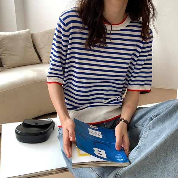 

women's t-shirt 2021 striped knit short sleeve ice silk slim contrast british college style thin pullover top, White