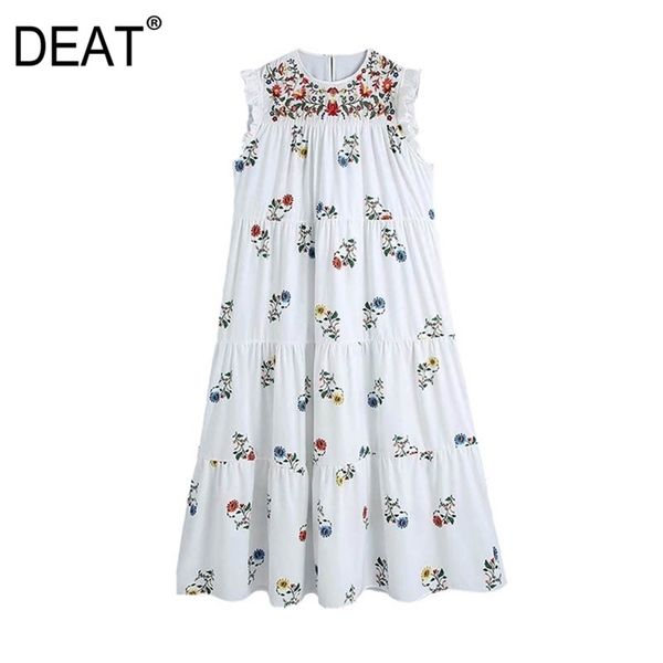 

[deat] summer fashion round neck knee-length embroidery sleeveless printing loose elegant dress women 13c617 210527, Black;gray