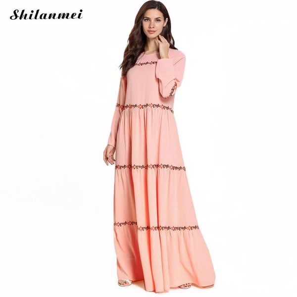 

casual dresses plus size pink long dress women autumn sleeve floral embroider maxi for 4xl solid big, Black;gray