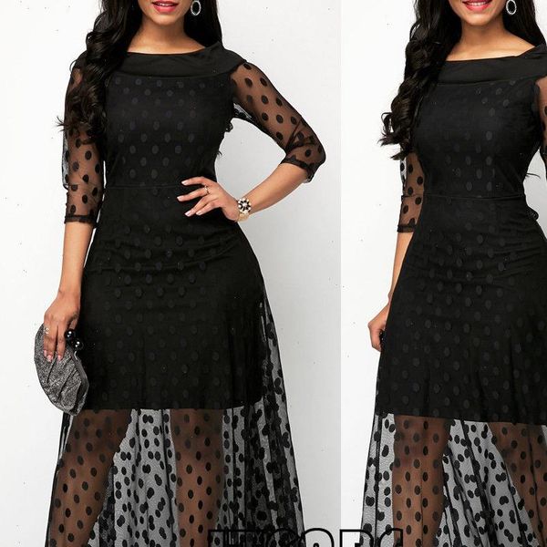 

summer new 2021 women black polka dot mesh long maxi dress summer beach ladies patchworktulle lace long dress, Black;gray