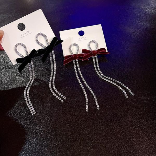 

stud long black bow with diamonds all-match earrings for women, Golden;silver