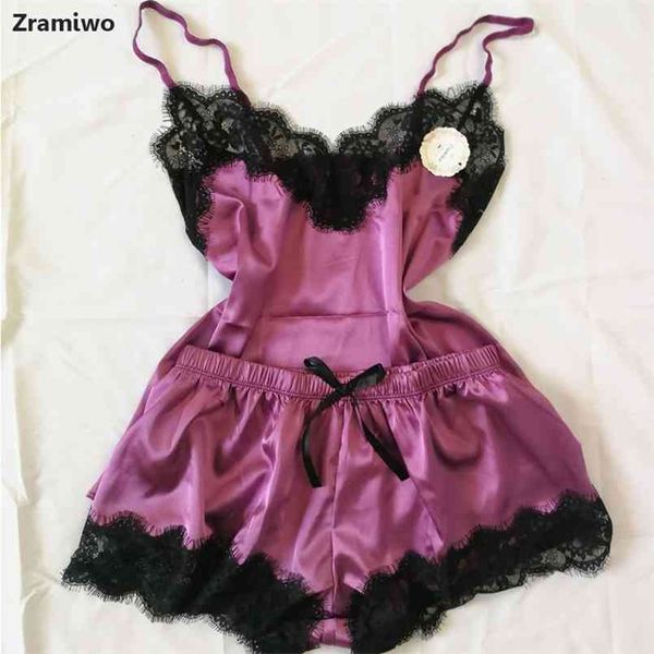 

women's sleepwear satin pajama set black lace v-neck pyjamas sleeveless cute cami and shorts 210809, Black;red