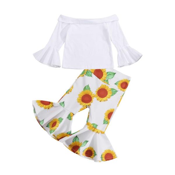 

clothing sets 2021 0-5y fashion kids baby girl clothes set off shoulder white solid blouse+sunflower print flare pants autumn 2pcs