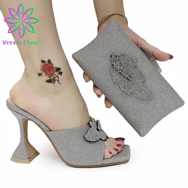

dress shoes summer silver color pu leather african special arrivals and bag set italian women matching for party, Black