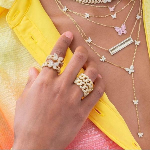 

cluster rings fashion women jewelry micro pave 5a cubic zirconia cz cuban link chain butterfly ring, Golden;silver
