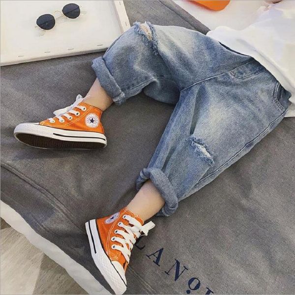 

childrens perforated jeans 2021 spring and autumn korean casual loose hole jeans for baby boys girls kids clothes beggars pants, Blue