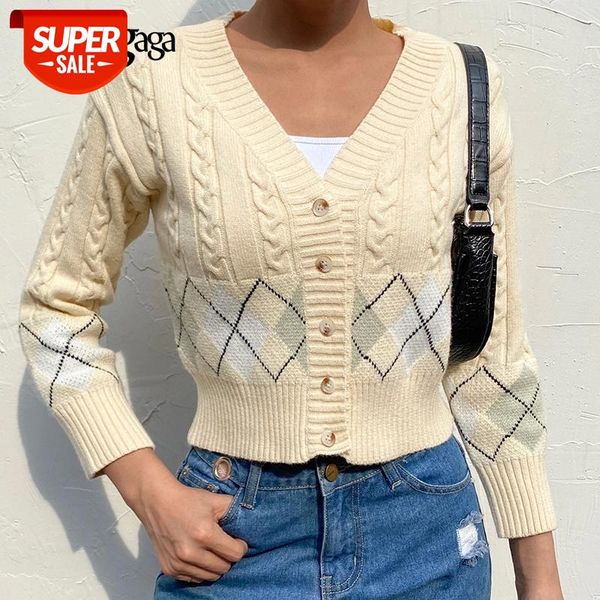 

darlingaga fashion vintage argyle plaid woman sweaters cardigan buttons v neck y2k autumn cardigans jacket coat knitwear cropped #hl9f, White