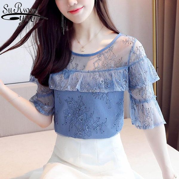 

women's blouses & shirts 2021 korean loose fit summer solid color short sleeve mesh stitch chiffon blouse women elegant chemisier femm, White