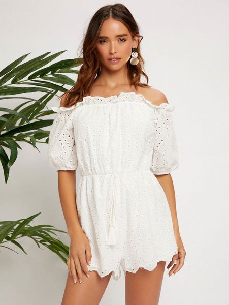 

off shoulder ruffle trim tie front schiffy romper r3fh#, White