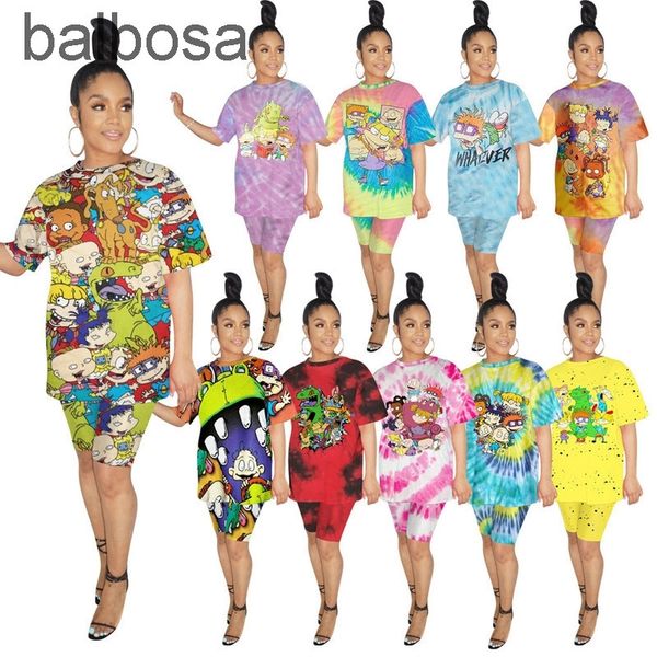 

womens designer tracksuit short sleeve cartoon printed outfits piece set shirt short skinny shirt pant suits clubwear, White