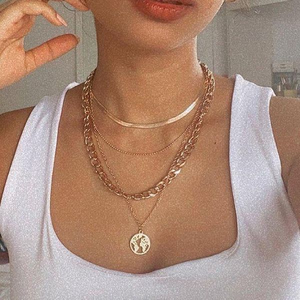 

chains punk multilayer thick chain choker necklace for women creative snake hollow map pendant clavicle, Silver