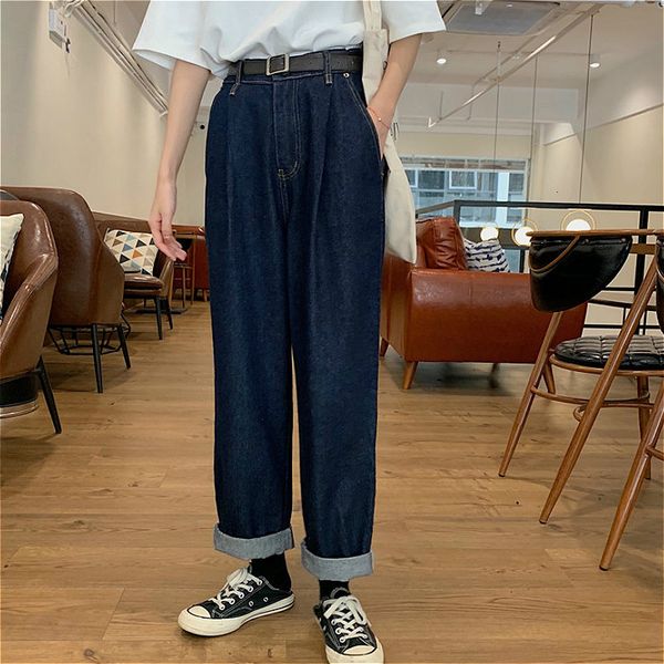 

women's jeans women high waist bf pocket all-match simple neutral blue boyfriend baggy vintage denim feminino trouser straight plu