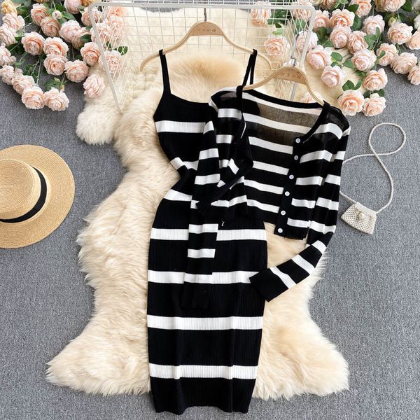 

two piec drss prto branco listrado manga comprida camisola d malha cardigan cinta d spagut bodycon midi vstido trnos fmininos dois conjuntos, White