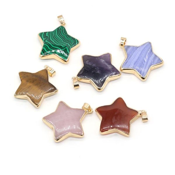 

charms pentagram natural stone pendants amethysts tiger eye malachite red agates rose quartzs stones for jewelry making, Bronze;silver