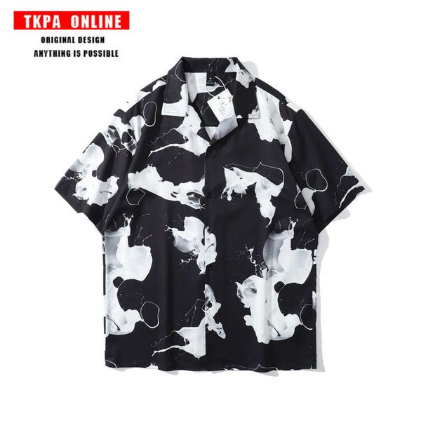 

tkpa street digital printing short sleeve shirt men's and women's hip hop fashion brand loose couple casual shirt, Tan;black