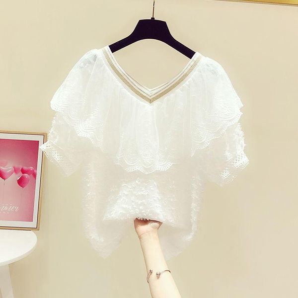 

women's blouses & shirts sweet style lace white women blouse summer 2021 v-neck ruffles hollow out lady elegant pulls outwear