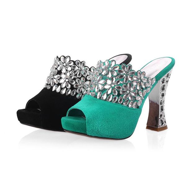 

slippers summer sheepskin rhinestone high heel sandals, Black