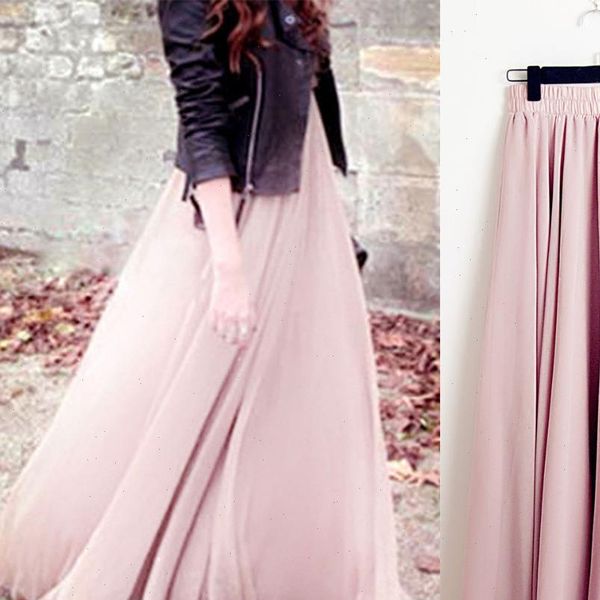 

2021 bohemia long skirts women stretch high waist solid chiffon a line skirt casual pleated maxi skirt faldas saias streetwear, Black