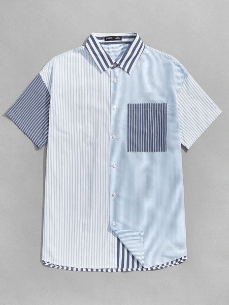 

men striped print colorblock panel button front shirt k93o#, White;black