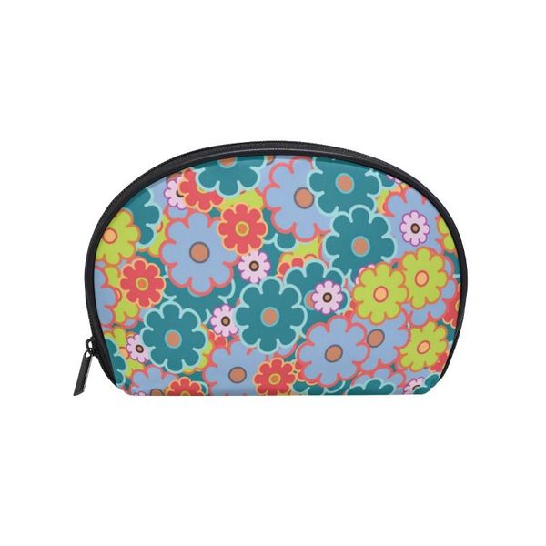 

fengju multifuncition shell cosmetic bag purse half moon hanging travel toiletry pouch for girls woman flower colorful