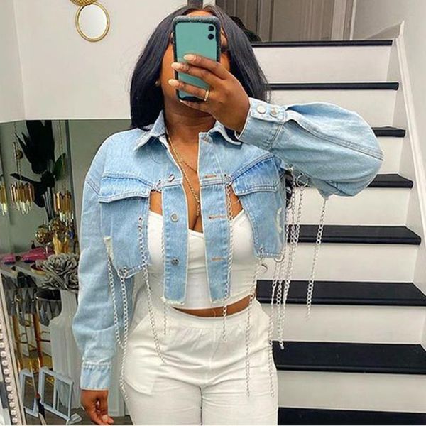 

women's jackets 2021 denim jacket women chain long sleeve short coat streetwear plus size casual female blue top, Black;brown