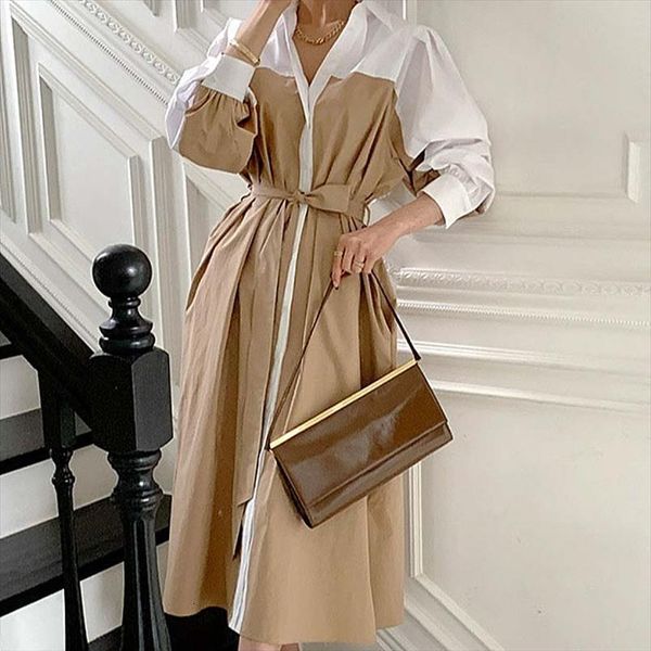 

high end light summer retro womens dresses hit color lapel waist was thin temperament long sleeved shirt female dress, Black;gray