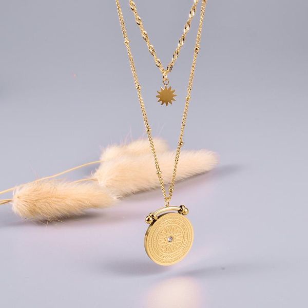 

pendant necklaces double layer stainless steel necklace gold circle sun round clavicle for women jewelry set gifts, Silver