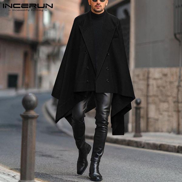 

men's wool & blends 2021 men autumn winter incerun casual streetwear coats all-match sleeve cloaks cape dress simple solid cloak jacke, Black