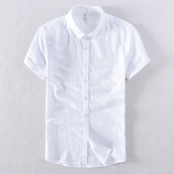 

2021 summer new short-sleeved linen brand cotton for casual fashion shirt mens solid comfortable shirts men e1bt, White;black