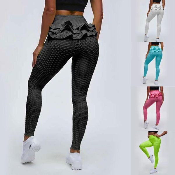 

women's ruffled bubble bulegging ladies sportswear workout hip lifting exercise fitness running high waist yoga pants, White;red