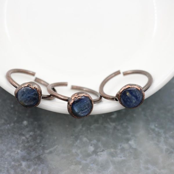 

cluster rings natural kyanite antique brass style ring,chakra stone minimalist blue adjustable ring for women men healing luck, Golden;silver