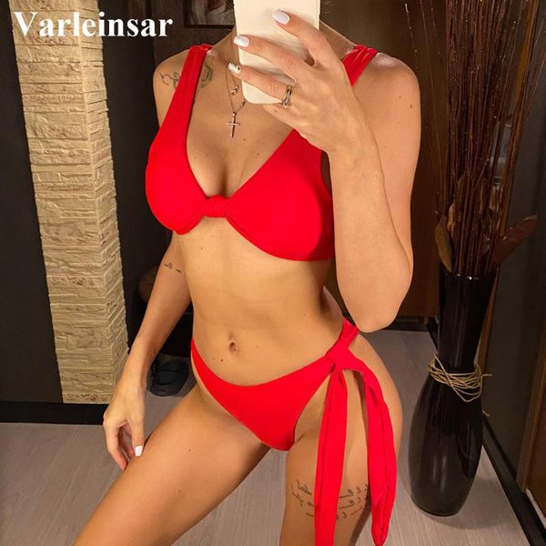 

knotted mid waist bikini female swimsuit women swimwear two-pieces bikini set padded bather bathing suit swim lady v2550r