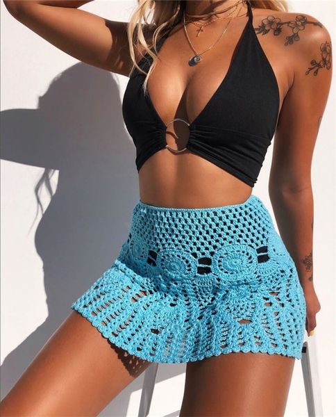 

candy color handmade skirt cotton knitted crochet mini skirts women summer hollow out high waist beach skirt white bottoms 2020