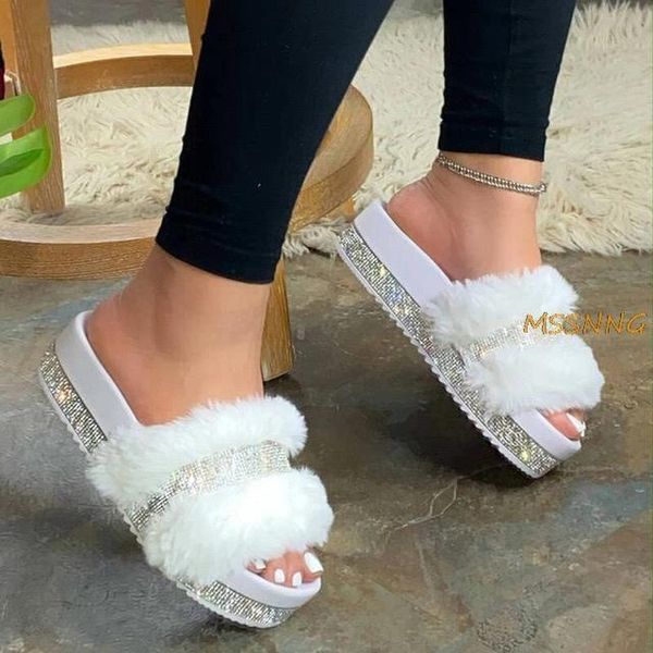 

slippers 2021 women fur summer home flat crystal slides fluffy female shoes casual comfortable women's big size, Black